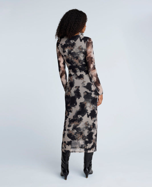Printed Mesh Knot Front Long Sleeve Midi Dress