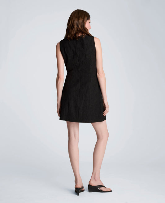 Button Front Boat Neck Sheath Short Cotton Cloque Dress