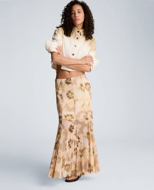 Mesh Pull On Godet Fit and Flare Maxi Skirt