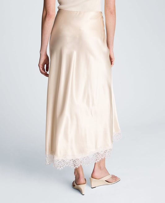 Pull On Midi Skirt with Side Slit & Lace Trim