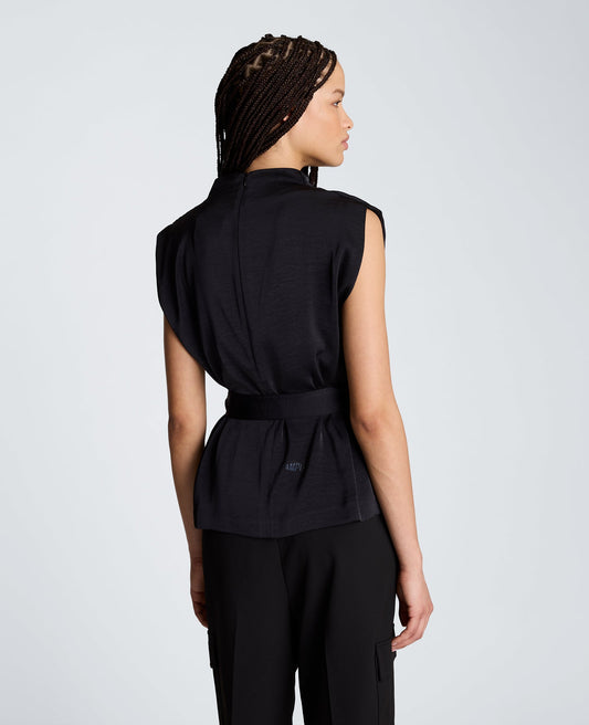 High Cowl Neck Belted Blouse with Chest Pockets
