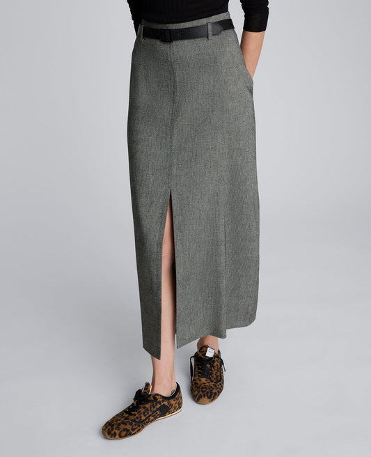 Herringbone Slit Front Belted Midi Skirt