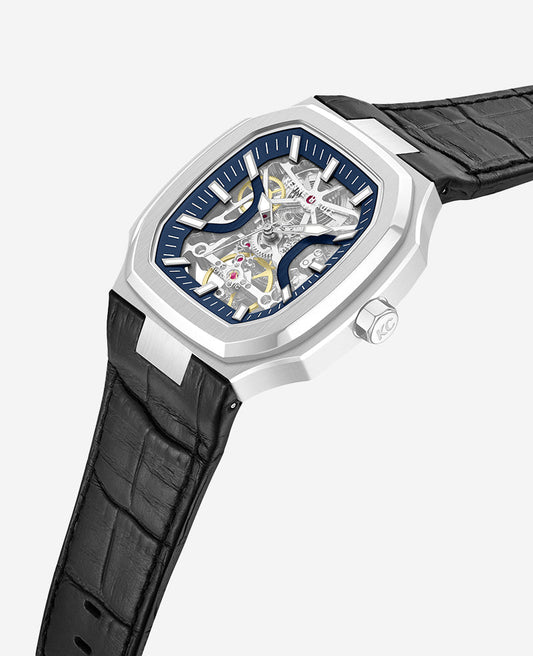 Skeleton Automatic Two-Tone Dial Leather Strap Watch