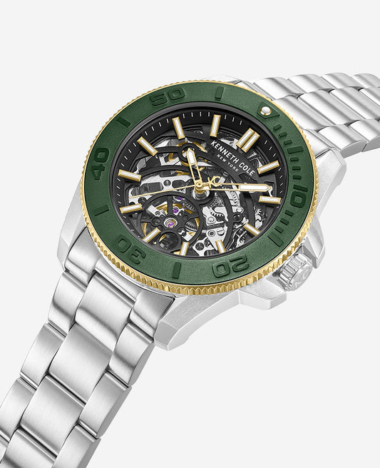 Skeleton Automatic Green Contrast Dial Bracelet Watch