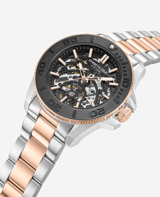 Skeleton Automatic Black Contrast Dial Two Tone Bracelet Watch