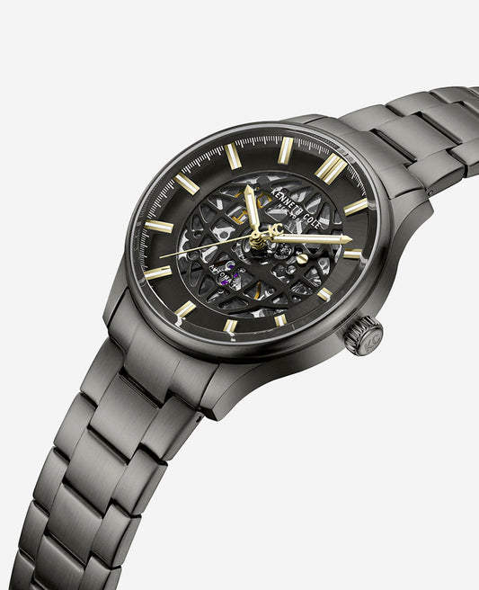 Skeleton Automatic Gun Metal Bracelet Watch