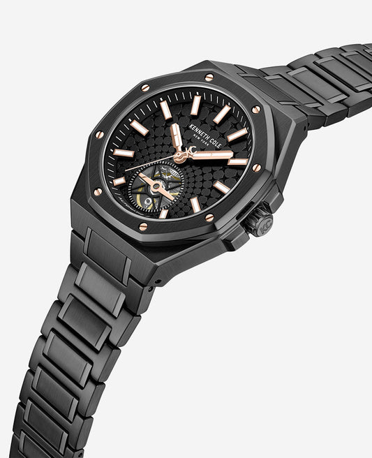 Skeleton Automatic Black Rose Gold Stainless Steel Bracelet Watch