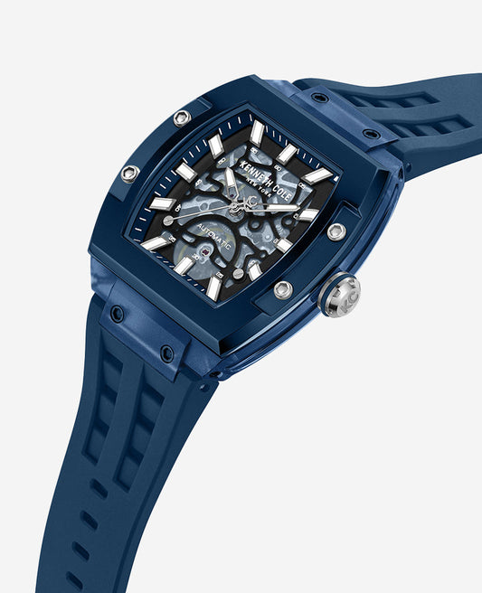 Skeleton Automatic Blue Silicone Strap Watch