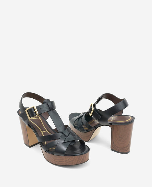 Lotus Woven Leather T-Strap Wood Platform Sandal