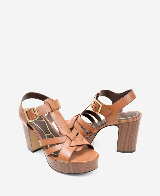 Lotus Woven Leather T-Strap Wood Platform Sandal