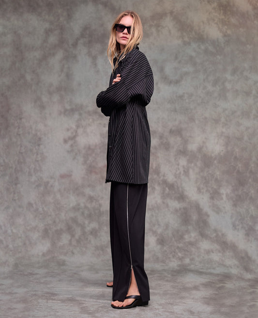 Fly Front High Rise Wide Leg Zipper Pintuck Pant