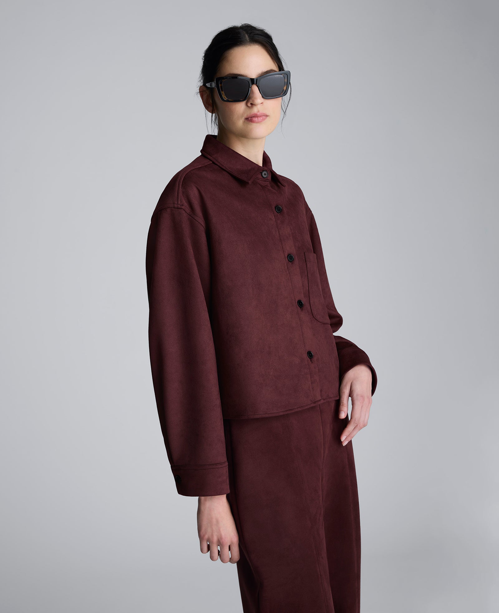 Faux Suede Button Front Cropped Knit Shirt