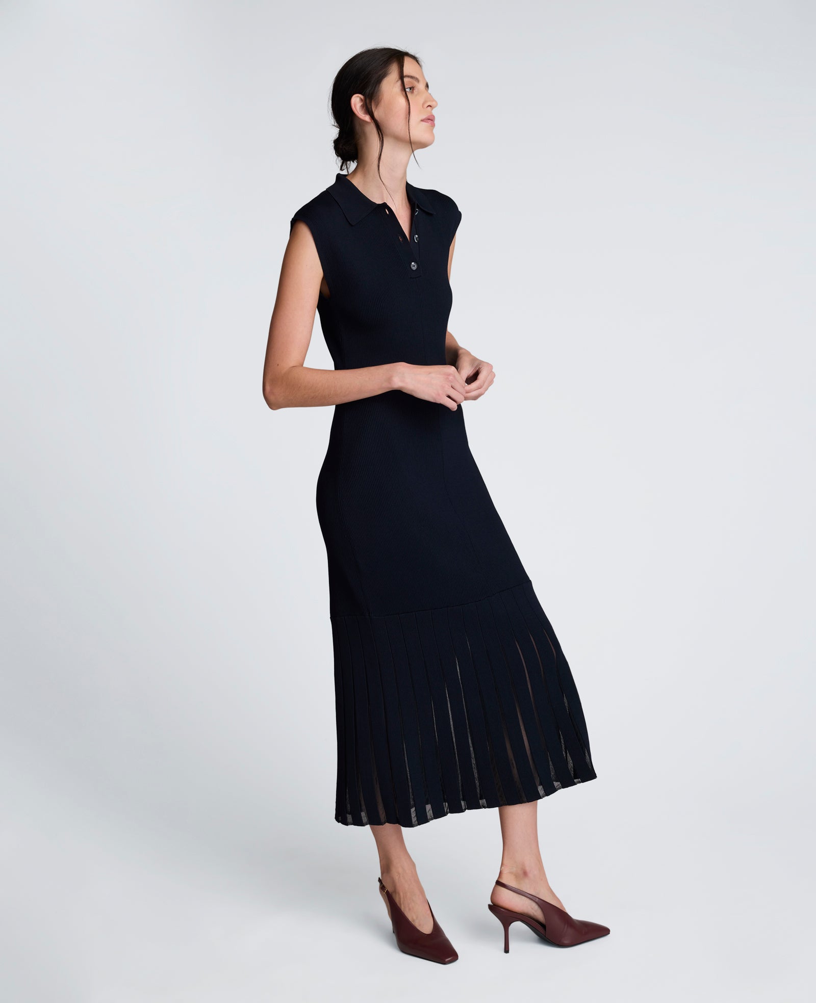 Polo Neck Sweater Dress with Sheer Hem Inserts