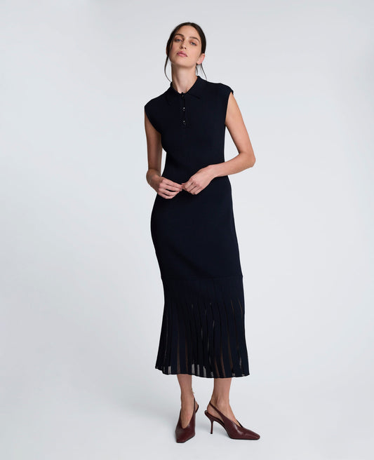 Polo Neck Sweater Dress with Sheer Hem Inserts