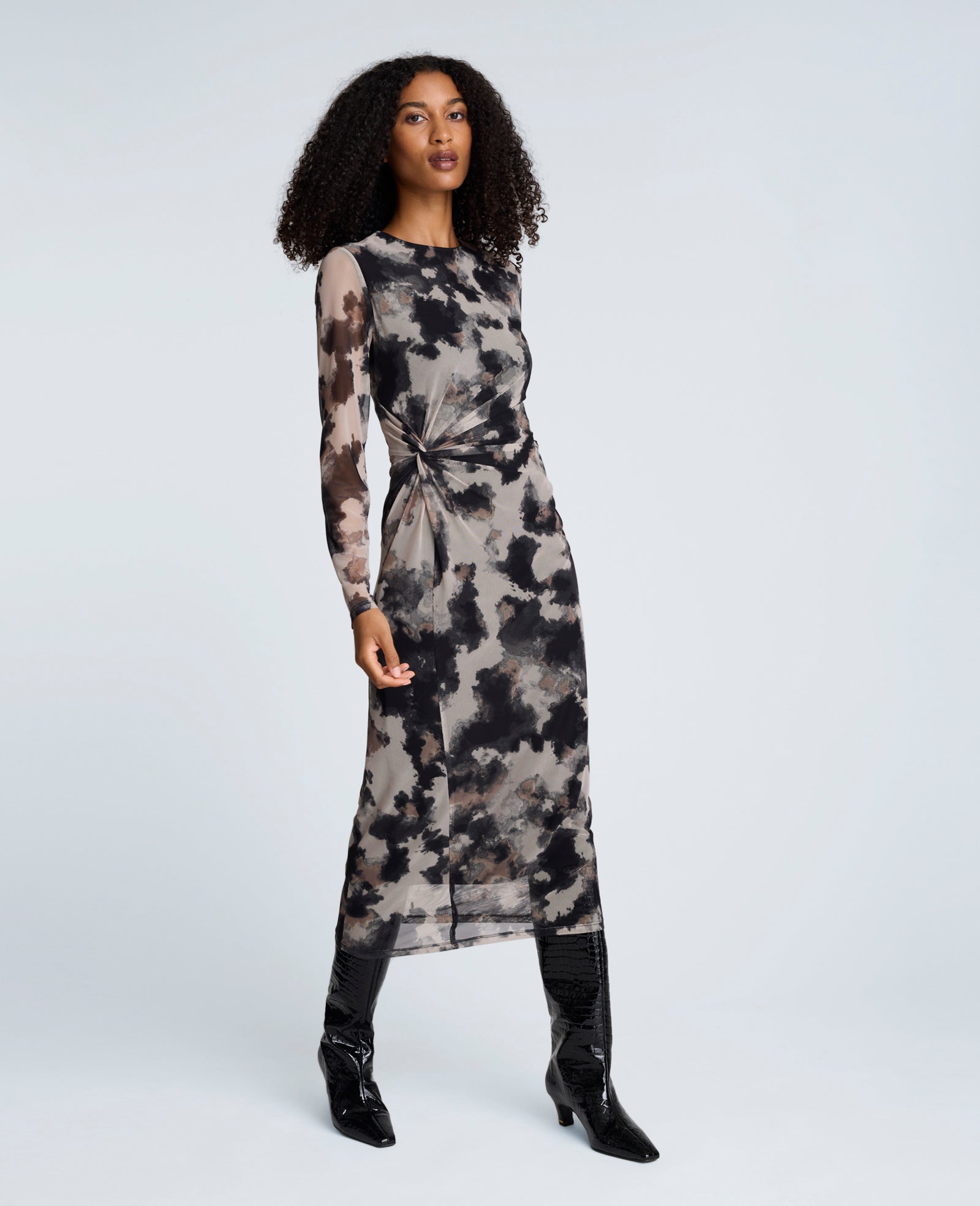 Printed Mesh Knot Front Long Sleeve Midi Dress