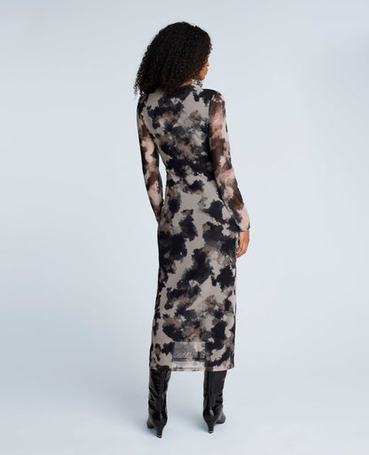 Printed Mesh Knot Front Long Sleeve Midi Dress