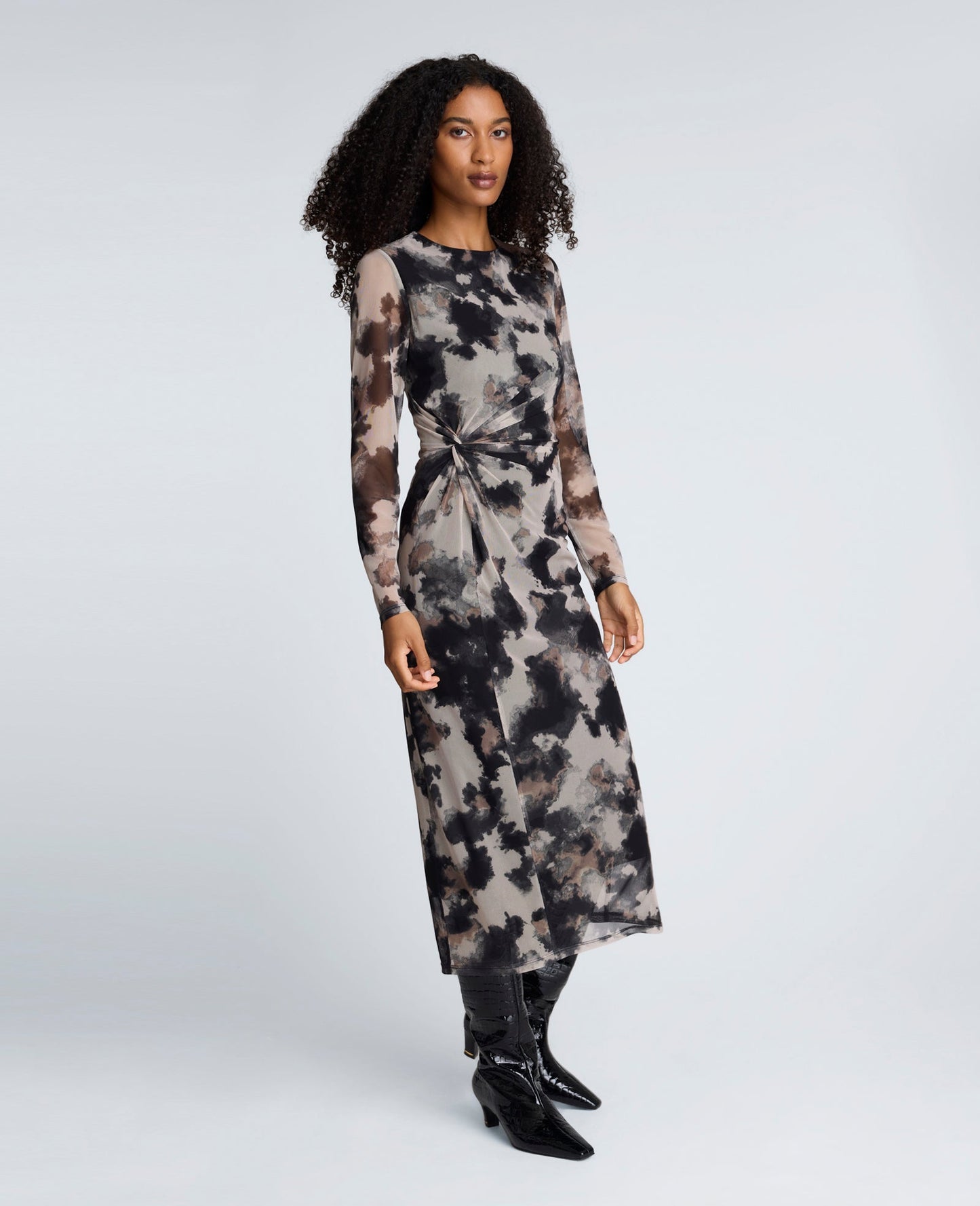 Printed Mesh Knot Front Long Sleeve Midi Dress