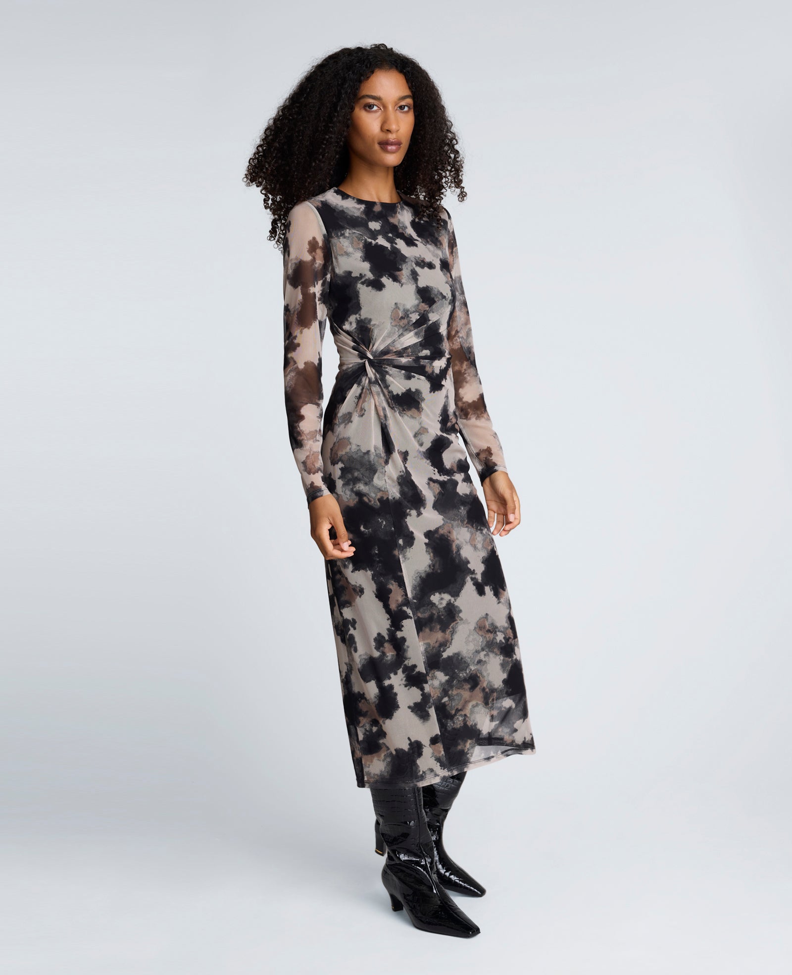 Printed Mesh Knot Front Long Sleeve Midi Dress