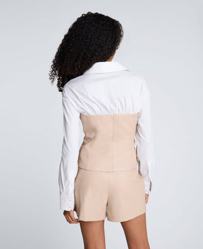 Poplin Y-Neck Top with Vegan Leather Bustier