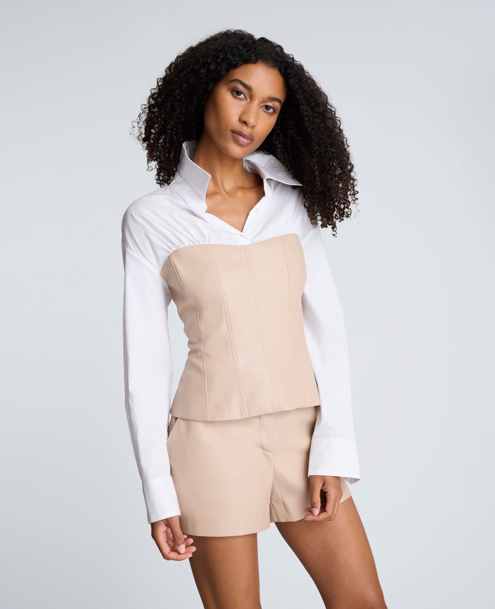 Poplin Y-Neck Top with Vegan Leather Bustier