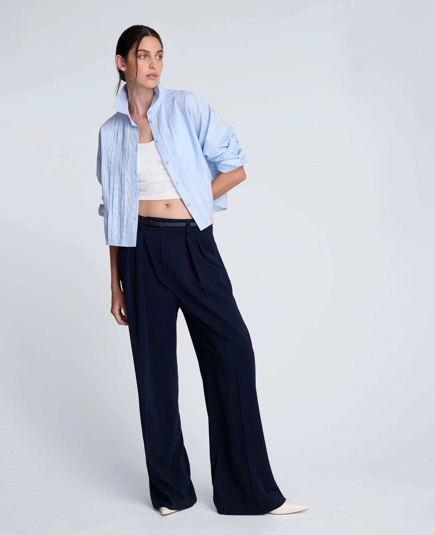 Cropped Tuxedo Style Long Sleeve Button Down Blouse