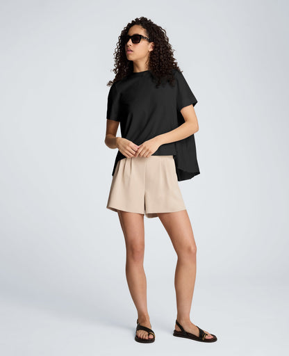 Short Sleeve Crewneck Tee with Pleated Asymmetrical Hem