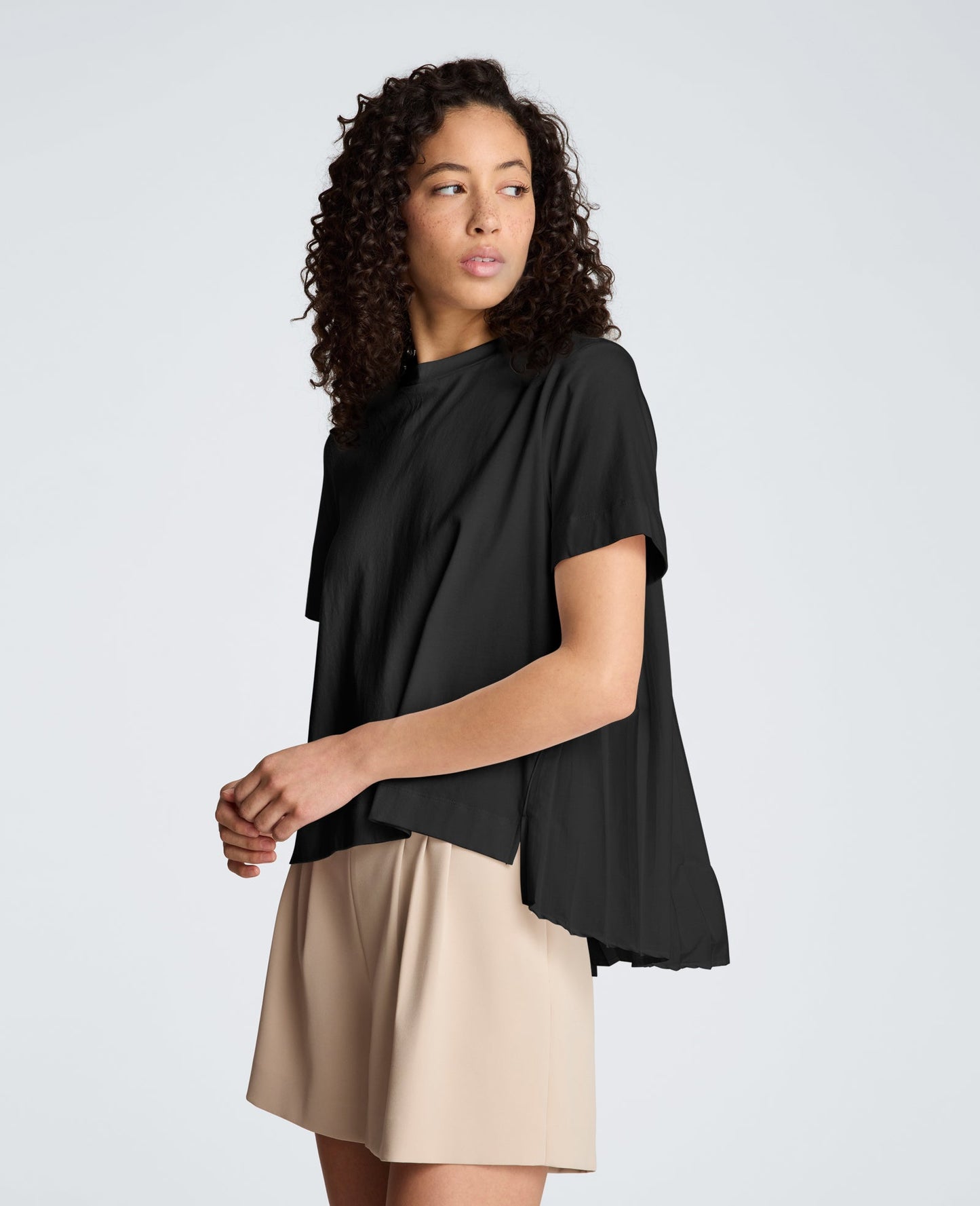Short Sleeve Crewneck Tee with Pleated Asymmetrical Hem