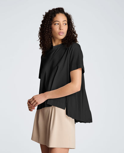 Short Sleeve Crewneck Tee with Pleated Asymmetrical Hem