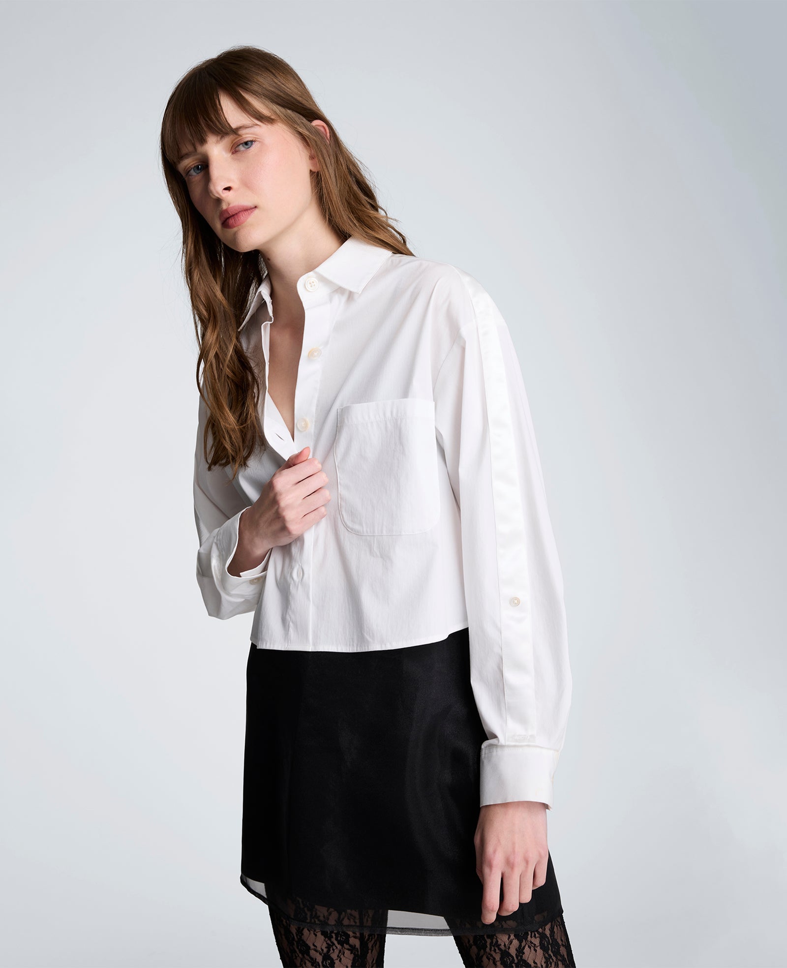 Button Front Crop Shirt with Satin Detail