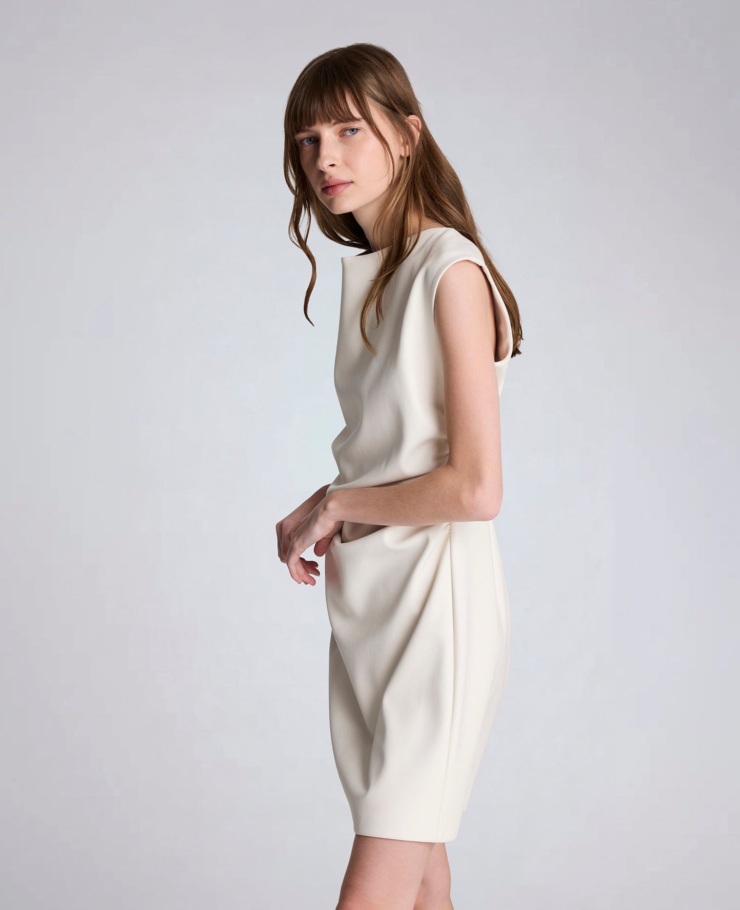 Vegan Leather Boatneck Rouched Waist Short Dress