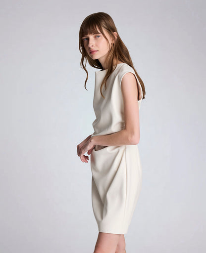 Vegan Leather Boatneck Rouched Waist Short Dress