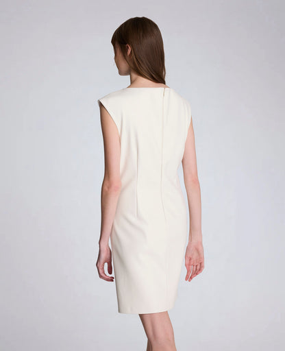 Vegan Leather Boatneck Rouched Waist Short Dress