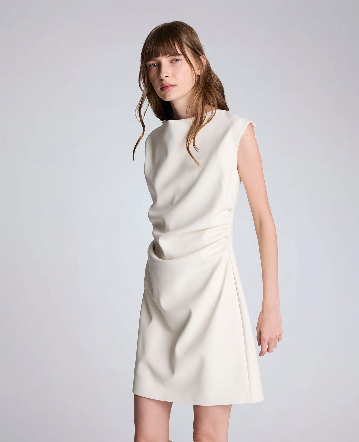 Vegan Leather Boatneck Rouched Waist Short Dress