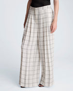 High Rise Fly Front Wide Leg Triple Pleat Lined Plaid Pant