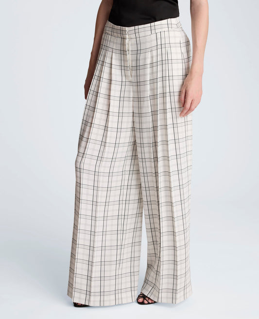 High Rise Fly Front Wide Leg Triple Pleat Lined Plaid Pant