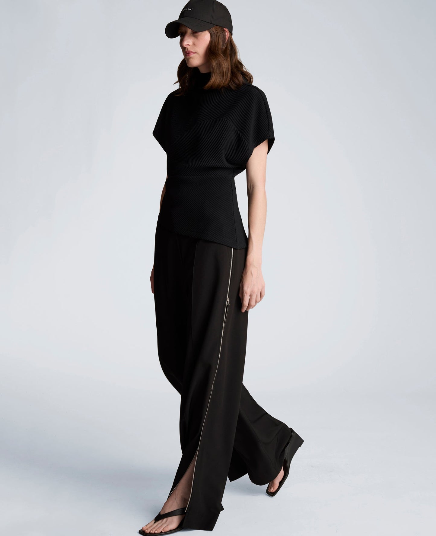 Fly Front High Rise Wide Leg Zipper Pintuck Pant