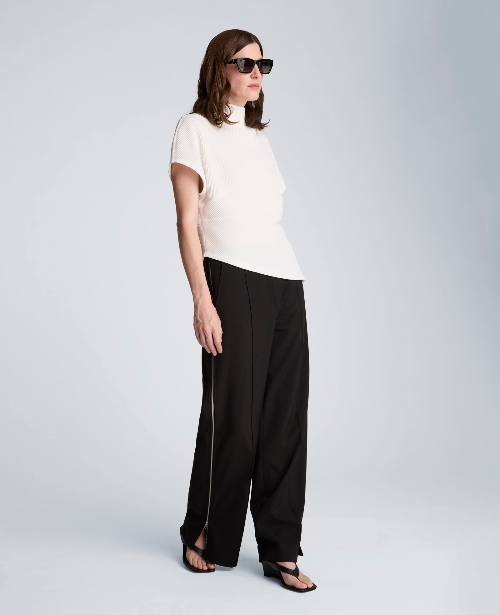 Fly Front High Rise Wide Leg Zipper Pintuck Pant