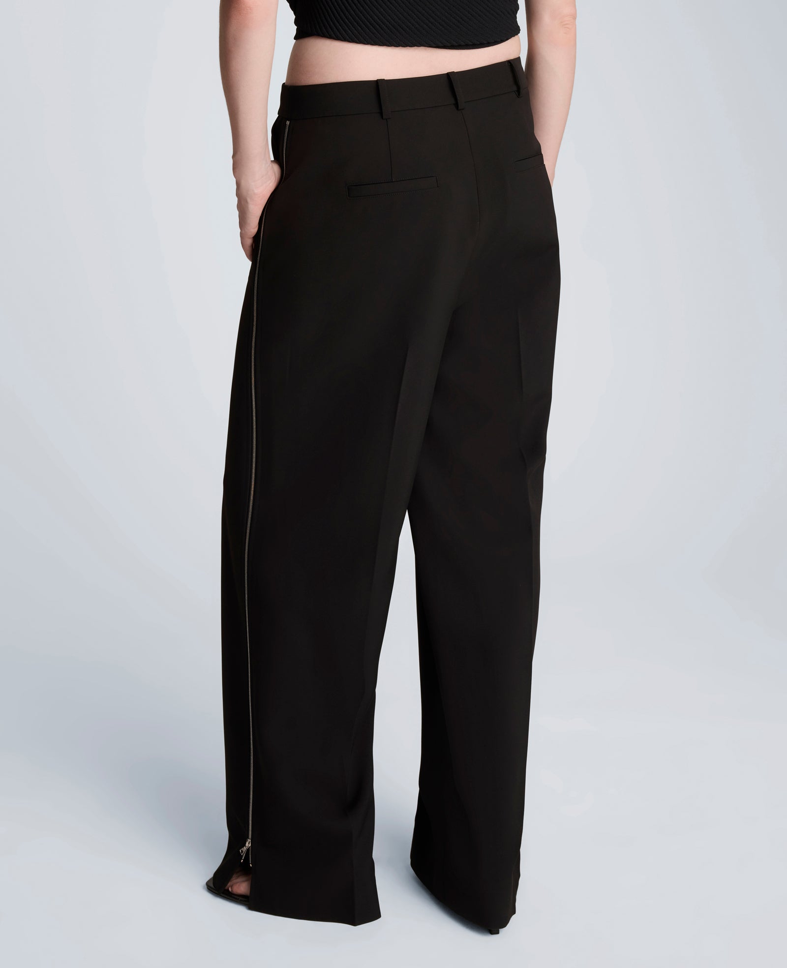 Fly Front High Rise Wide Leg Zipper Pintuck Pant