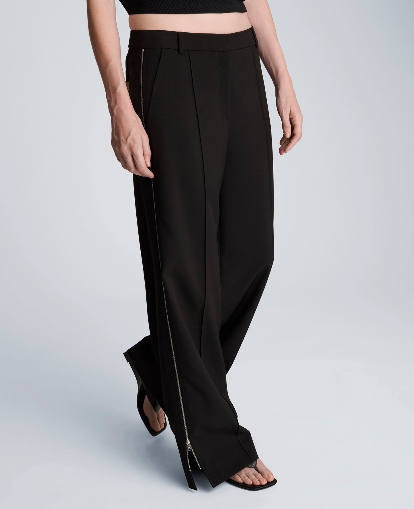Fly Front High Rise Wide Leg Zipper Pintuck Pant