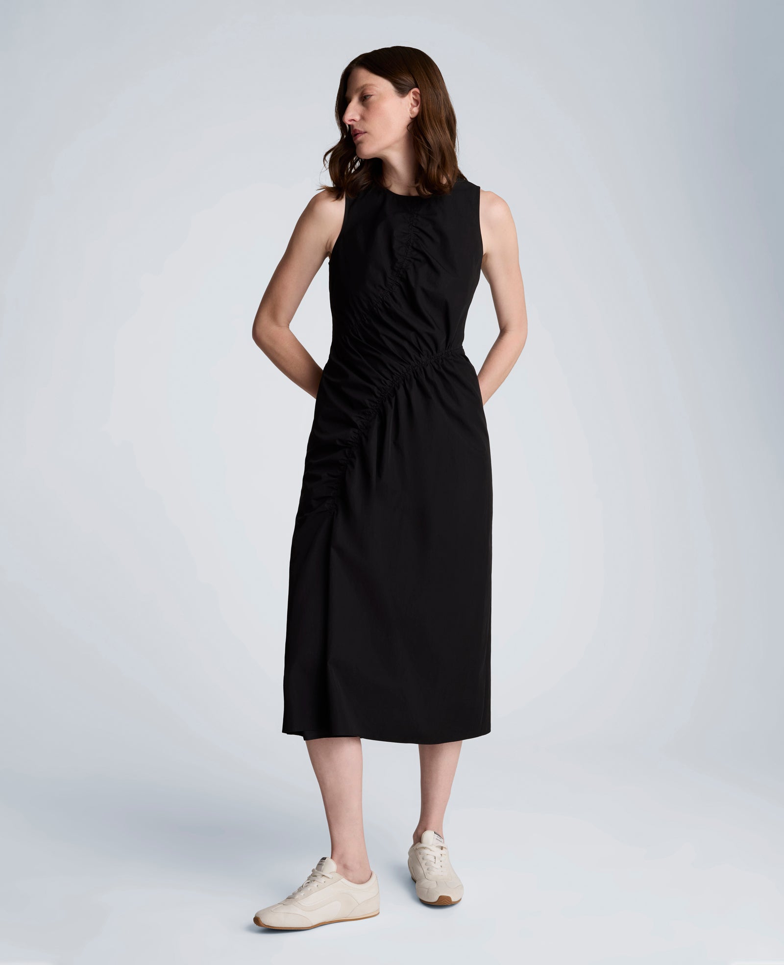 Poplin Asymmetrical Ruched Midi Dress