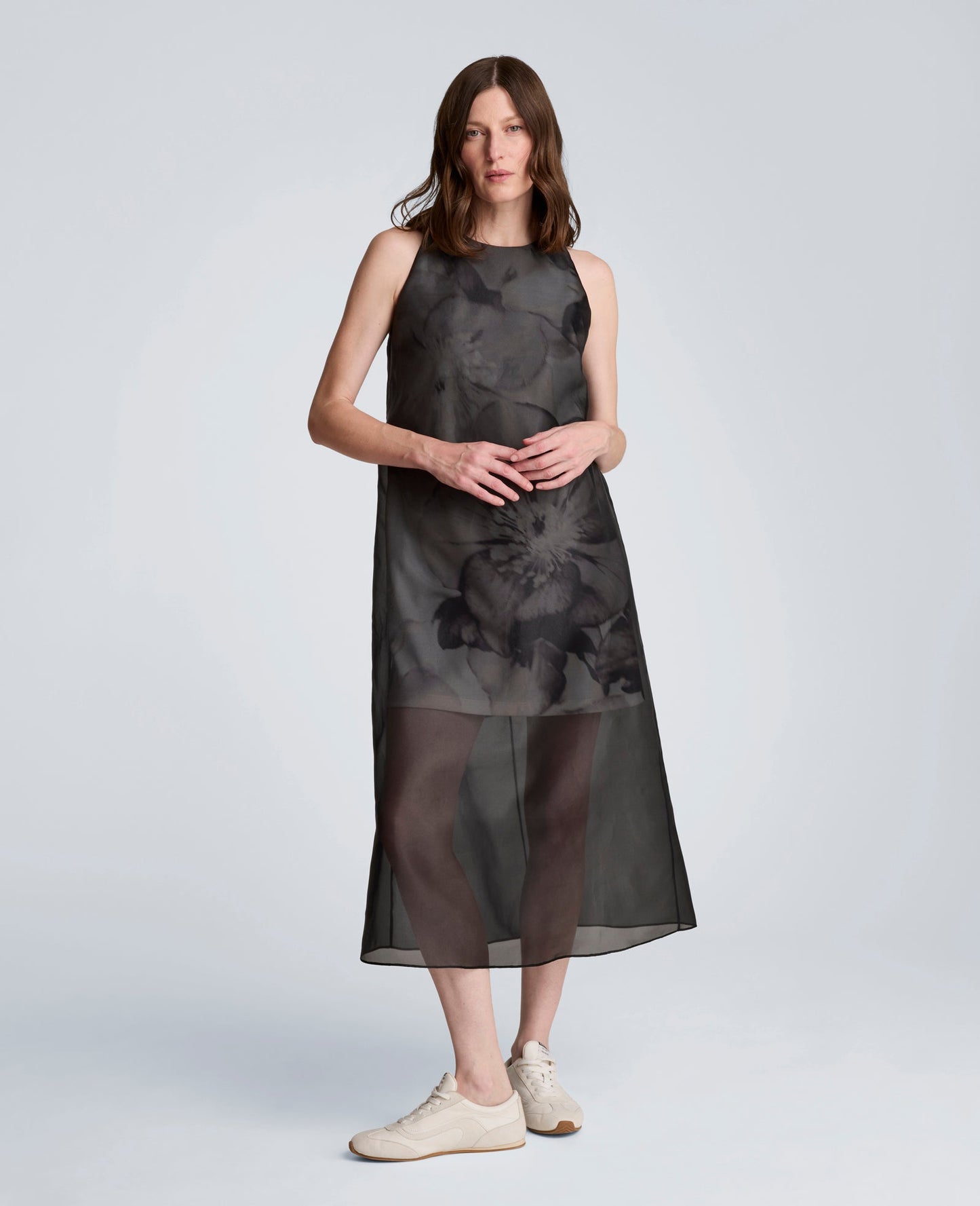 Sheer Overlay Crewneck Mini A-Line Dress