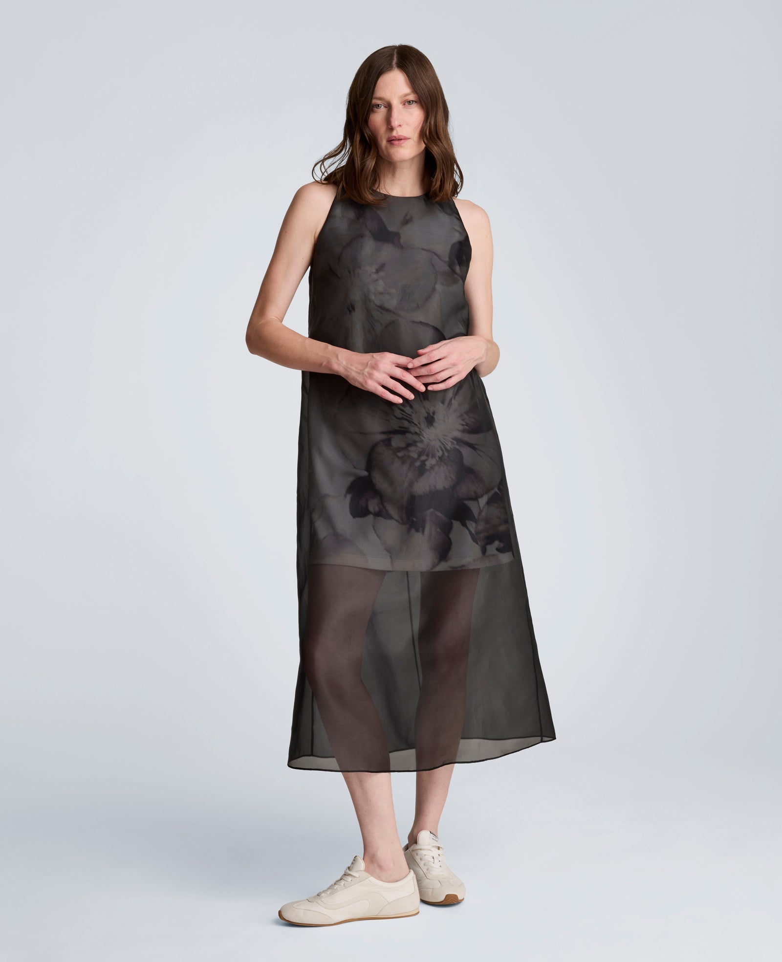 Sheer Overlay Crewneck Mini A-Line Dress