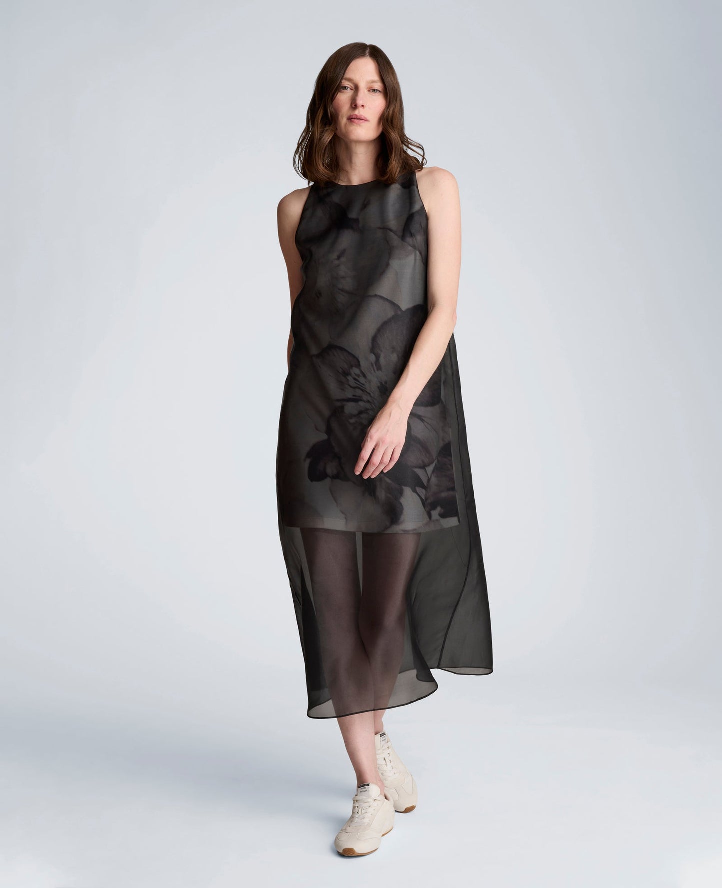 Sheer Overlay Crewneck Mini A-Line Dress