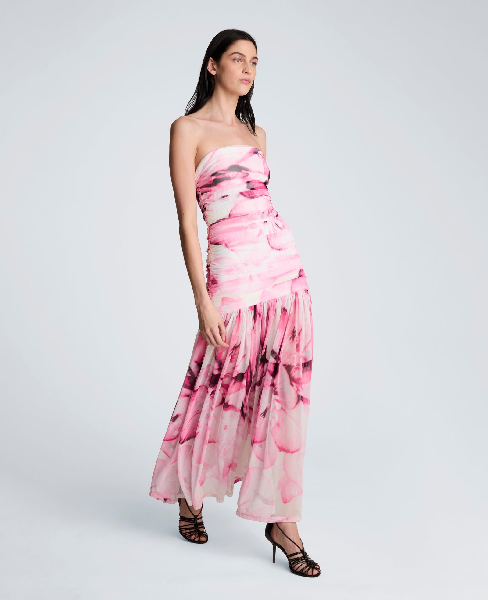 Printed Mesh Strapless Maxi Dress