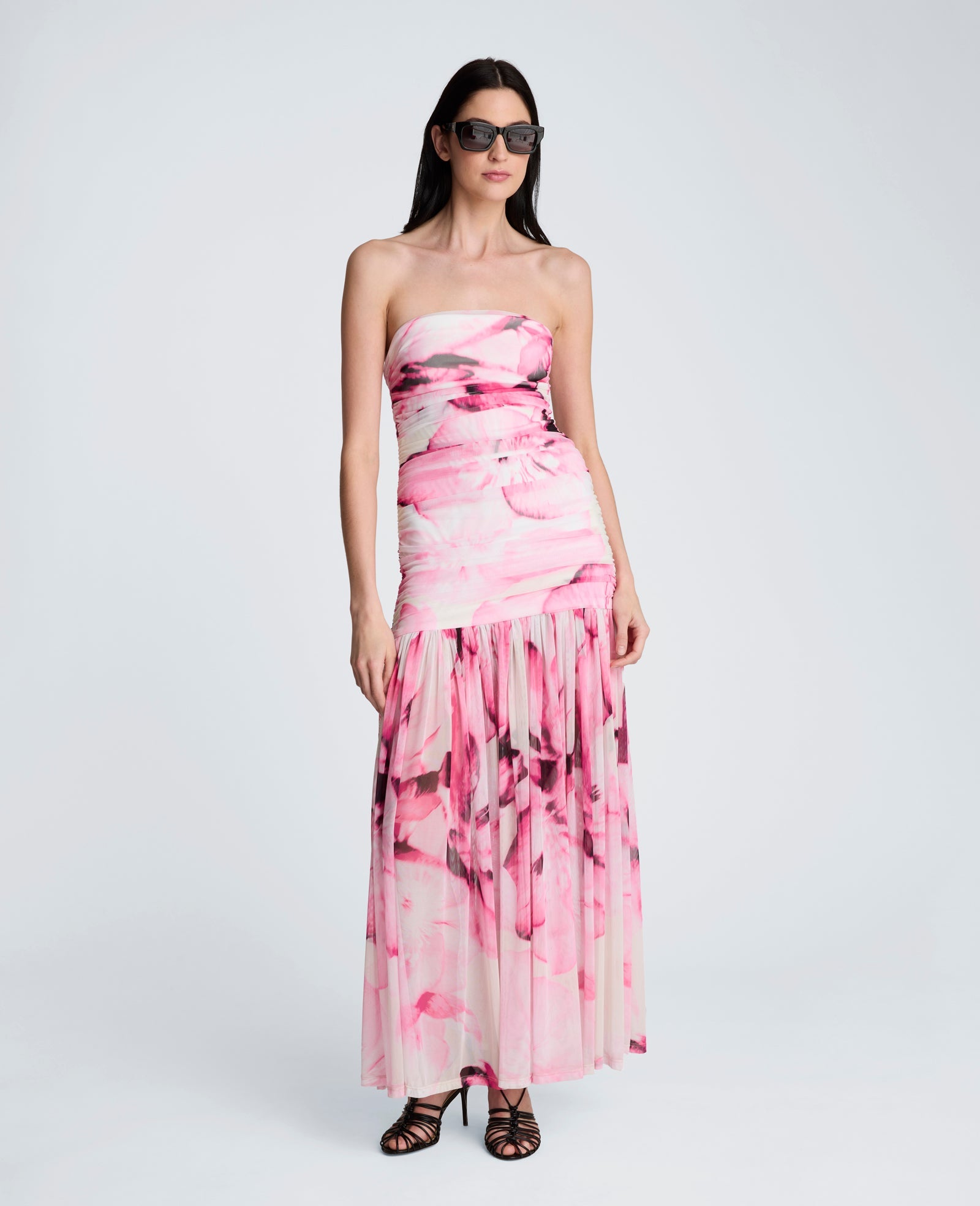 Printed Mesh Strapless Maxi Dress