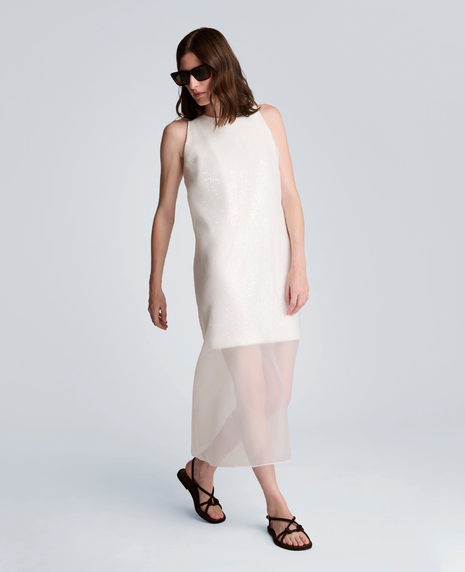 Sequin Sheer Overlay Crewneck Mini A-Line Dress