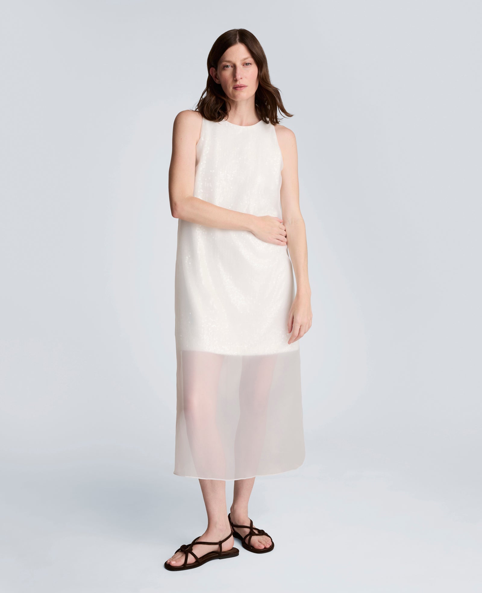 Sequin Sheer Overlay Crewneck Mini A-Line Dress