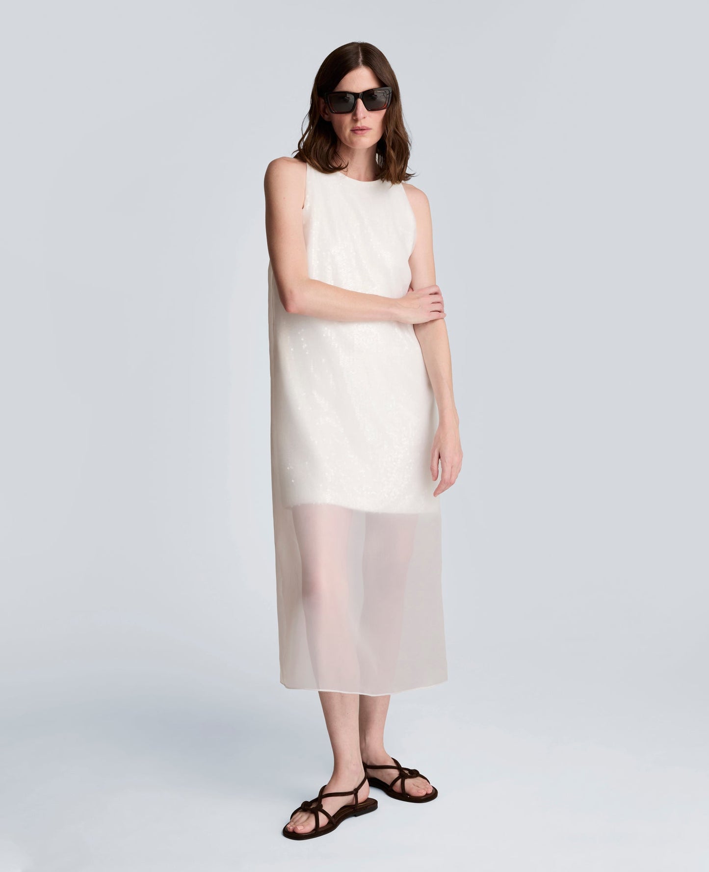 Sequin Sheer Overlay Crewneck Mini A-Line Dress