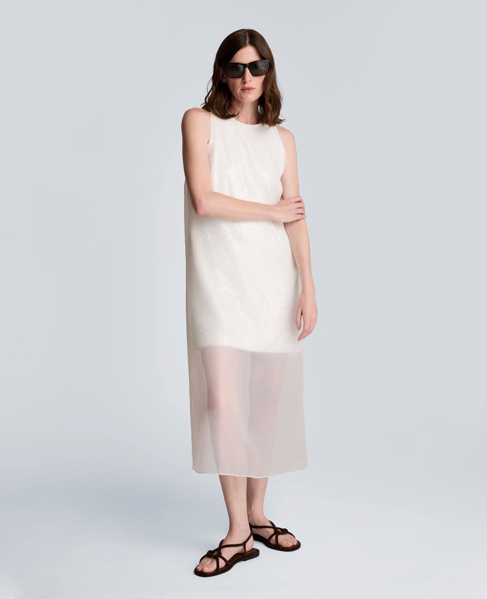 Sequin Sheer Overlay Crewneck Mini A-Line Dress