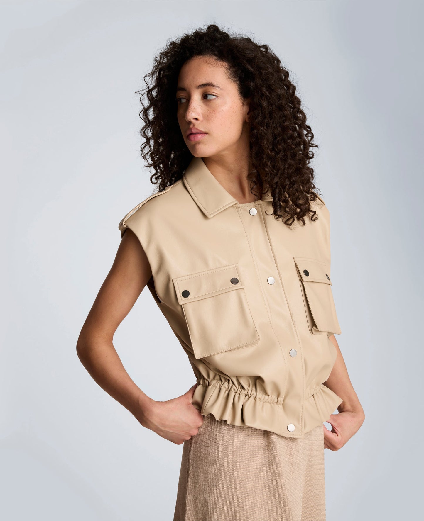 Faux Leather Snap Front Jacket with Drawcord Waist